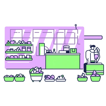 A grocery store interior features sparse produce and empty fruit stands. The walls are lined with shelves, some filled with canned goods and packaged items, while others remain partially empty. Several baskets sit on the floor, showcasing only a few pieces of fruit, with most of the stands appearing bare and unattended. A checkout counter is visible in the background, with a register and a single shopping cart nearby. The overhead lights cast a straightforward illumination across the store, highlighting the lack of variety in the produce section.