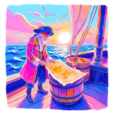 A pirate captain with a weathered face and a tricorn hat stands on the deck of a ship. He is intently examining an old, weathered treasure map spread out on a wooden barrel. The captain has a long coat and a jeweled belt. The warm glow of the sunset casts orange and pink hues across the sky, illuminating the scene. In the background, the ocean waves gently lap against the ship's hull, and a few seagulls can be seen flying above. The ship is adorned with tattered sails flapping in the breeze.
