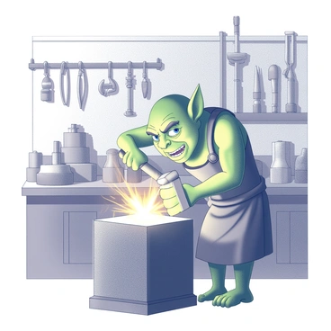 A goblin blacksmith is positioned in a workshop, intensely focused on forging a weapon on a sturdy anvil. The goblin has green skin and pointed ears, wearing a leather apron for protection. He grips a hammer tightly in one hand while striking the glowing metal on the anvil. Sparks fly dramatically into the air as the hammer makes contact with the heated weapon. A backdrop of tools, including tongs and various weapons in various stages of completion, can be seen on the walls and workbench. The scene radiates a sense of craftsmanship and determination as the goblin works diligently at his trade.