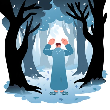 An eerie forest scene at dusk with a character cupping their ears in dramatic silence