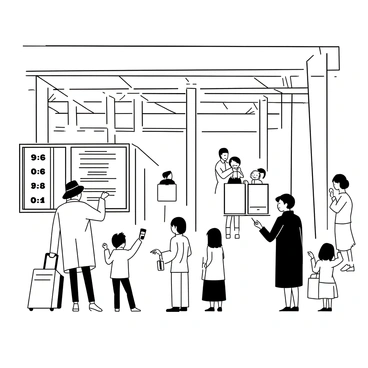 A vintage train station with large wooden beams and old-fashioned benches. Several passengers of various ages are gathered, some standing and others seated, all intently looking at an ornate schedule board displaying departure times. A man in a fedora and a trench coat is checking the board, while a woman in a long coat holds a small suitcase and glances at her watch. A child is pointing excitedly at the board. The atmosphere conveys anticipation as the sound of a distant train whistle echoes through the station.