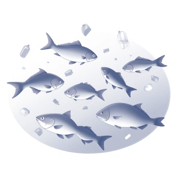 A group of fish swimming in a body of water. The fish are various species, each with distinct shapes and sizes, gliding gracefully through the water. Surrounding them, there are pieces of floating plastic debris scattered throughout the scene. The plastic items include bags, bottles, and other common waste, creating a stark contrast with the vibrant life of the fish. The water's surface reflects the light, creating shimmering patterns around the fish and the floating objects.