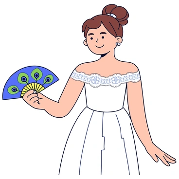 A bride wearing a luxurious white wedding gown adorned with intricate lace details. In her hand, she holds an elegant fan embellished with vibrant peacock feather designs that complement her outfit perfectly. The fan is partially opened, displaying the rich colors of blue and green. The bride's hair is styled in a classic updo, and she wears delicate pearl earrings that add to her overall elegance.