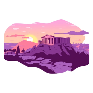 A panoramic view of the Acropolis of Athens at sunset. The ancient ruins of the Parthenon are prominently displayed on top of a rocky hill, with detailed columns and steps illuminated by the warm glow of the setting sun. The sky is a gradient of colors with shades of orange and pink blending together, creating a vibrant backdrop. In the foreground, there are distant silhouettes of trees and buildings, adding depth to the scene. The landscape captures the majesty and historical significance of the Acropolis against the colorful sky.