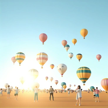 A vibrant gas balloon festival taking place in an open field. Dozens of colorful hot air balloons, each with unique patterns and designs, are floating high in the clear blue sky. Some balloons are round and bright red, while others are shaped like animals, with yellow and green stripes. People are gathered below, admiring the spectacle, some holding cameras and pointing at the balloons. The sun casts a warm glow over the scene, creating a festive atmosphere as the balloons gently sway in the breeze.