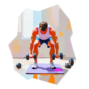 An illustration depicting a person performing a dumbbell row. The individual, a well-built male with medium brown hair, is bending forward slightly at the waist while holding a dumbbell in each hand. His arms are extended with one dumbbell lifted towards his ribcage, showcasing the muscle engagement required for the exercise. The person is wearing a fitted tank top and athletic shorts. The background features a simple gym setting with exercise mats and weights visible. The posture reflects balance and strength, emphasizing the effort involved in the movement.