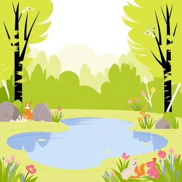 A tranquil pond in the middle of a dense forest, reflecting the surrounding greenery. The pond is bordered by a variety of trees, including tall oaks and slender birches. Colorful wildflowers bloom along the banks, adding splashes of color to the scene. A few small animals, such as rabbits and squirrels, can be seen near the water's edge, while birds perch on branches above, creating a lively atmosphere around the pond. The sky above is clear, letting soft sunlight filter through the leaves, illuminating the serene setting.