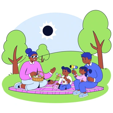 A family is sitting on a checkered picnic blanket in a lush green park. There are four family members: a father, a mother, a little girl, and a baby boy. The mother is setting out a basket filled with sandwiches and fruit. The father is holding a pair of eclipse glasses, looking up at the sky. The little girl is playing with a toy telescope, excitedly pointing it towards the sun. In the background, a partial solar eclipse is visible in the sky, with a darkened sun partially covered by the moon, casting a shadow over the park. Trees surround the picnic area, their leaves rustling gently in the breeze.