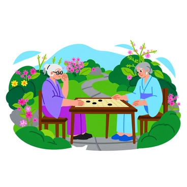 Two elderly people, a man and a woman, are sitting across from each other at a wooden table, engaged in a traditional Go game. The board is intricately designed and features black and white stones arranged in a strategic pattern. The man has white hair and is wearing glasses, deep in thought as he contemplates his next move, while the woman has gray hair tied in a bun and wears a light blue kimono. Surrounding them is a lush garden filled with vibrant green plants and colorful flowers, including blooming cherry blossoms. A small stone path winds through the garden, and a gentle breeze rustles the leaves overhead.