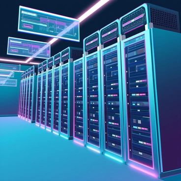A spacious futuristic server room filled with rows of towering server racks. Each rack is adorned with glowing cables that pulse with vibrant colors, creating a network of neon lights. The blinking lights on the servers indicate activity, casting a soft glow across the metallic surfaces. The room is illuminated by a cool blue ambient light, highlighting the sleek design and intricate patterns on the walls. Holographic displays hover in the air, showing data readouts and system diagnostics. The atmosphere is high-tech and efficient, showcasing advanced technology at work.