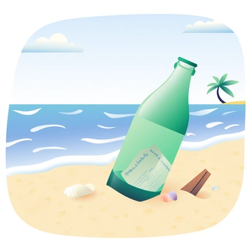 A sandy beach with light golden grains stretches across the foreground. Gentle waves roll in, creating white foam along the shoreline. A clear blue sky is overhead, dotted with a few fluffy white clouds. In the center of the scene, a green bottle is half-buried in the sand, the sun glinting off its glass surface. Inside the bottle, a folded piece of paper is visible, suggesting it holds a "winning lottery ticket." Nearby, a few small seashells and a piece of driftwood are scattered on the sand, adding detail to the coastal environment. A distant silhouette of a palm tree sways softly in the breeze, completing the tranquil beach atmosphere.