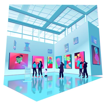 A spacious modern art gallery featuring large floor-to-ceiling windows that flood the interior with natural light. The walls are adorned with vibrant abstract paintings in a variety of colors, shapes, and textures, each piece offering a unique interpretation of contemporary art. The polished concrete floor reflects the artworks, enhancing the immersive experience. Visitors can be seen walking around, engaging with the art, and discussing their interpretations. Sculptural installations are placed strategically throughout the space, complementing the paintings and creating a dynamic environment.