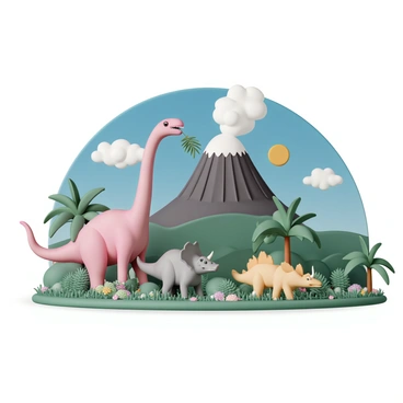 A jigsaw puzzle depicting a prehistoric world filled with various dinosaurs roaming amidst a lush landscape. In the foreground, a large brachiosaurus stretches its long neck to reach the leaves of a tall tree. Nearby, a group of triceratops graze on the vibrant green ferns. In the background, a volcano looms, with smoke billowing gently from its peak. The sky is a bright blue with fluffy white clouds. The ground is dotted with colorful flowers and rocks, enhancing the rich detail of the scene.