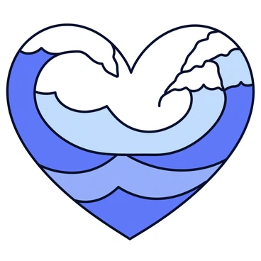 A series of ocean waves shaped like a heart line, creating a smooth and flowing pattern that represents love for the sea. The waves are depicted in varying shades of blue, with white frothy crests at the peaks. The background features a clear sky, enhancing the vibrant colors of the water. The heart line design is prominent and stylized, capturing the essence of affection for the ocean.