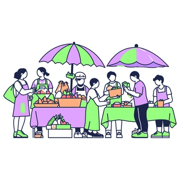 A bustling farmers market is filled with local vendors selling fresh produce and handmade goods. In the foreground, a vendor is displaying a variety of colorful fruits and vegetables, including orange carrots, red tomatoes, and green cucumbers. Next to this display, another vendor has a table adorned with handmade crafts, such as woven baskets and pottery. Shoppers are seen engaging with the vendors, some holding bags filled with purchases, while others are inspecting the items closely. There are also vibrant umbrellas providing shade over the stalls, creating a lively atmosphere. In the background, a group of people are gathered around a live cooking demonstration, watching intently as a chef prepares dishes with the fresh ingredients available at the market.