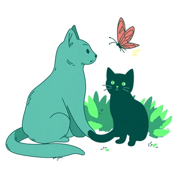 A teal Hermine with soft fur is sitting gracefully, its ears perked up in curiosity. Next to the Hermine is a playful black cat with bright green eyes, crouched low with its tail flicking in anticipation. Both animals are gazing intently at a delicate butterfly that is floating gently above them. The butterfly has vibrant wings, and the sunlight creates a soft glow around it as it hovers in the air. The surroundings are filled with lush green grass, adding to the lively scene.