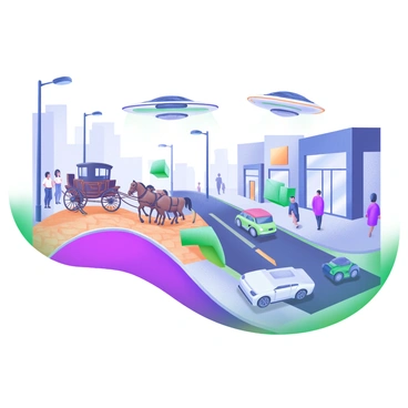 A city street featuring three distinct sections, illustrating an evolution in transportation. The first section shows a vintage scene with "horse-drawn carriages" along a cobblestone road, where pedestrians in period clothing walk beside. The second section transitions to a "bustling scene" filled with various "cars" of different styles, including classic models and modern vehicles moving along asphalt streets. The final section showcases "hovering vehicles" gliding above the road, with futuristic designs, while pedestrians in contemporary clothing observe the scene. Streetlights and storefronts line the street, adding depth to each era's backdrop.