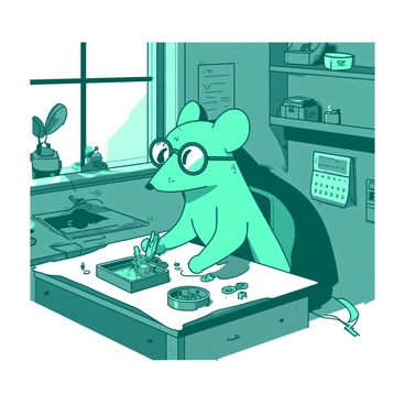 A teal clever mouse wearing round glasses is sitting on a small workbench covered in various gadgets and tools. The mouse is holding a tiny screwdriver, focused on fixing a small mechanical device. There are scattered wires, gears, and a small container filled with screws around the mouse. The walls of the workshop are lined with shelves filled with more gadgets, and there is a small window letting in soft light, illuminating the cluttered space. A tiny calendar hangs on the wall, adding to the workshop's charm.