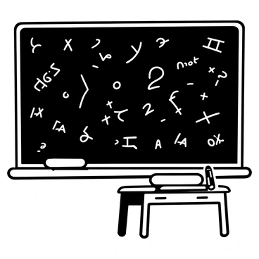 A classroom blackboard covered with "italicized mathematical equations" written in chalk. The equations are arranged in a scattered manner across the board, displaying various mathematical symbols and numbers. The edges of the blackboard are slightly worn, indicating frequent use. A piece of chalk lies on a ledge at the bottom, and there is an old wooden desk in front of the blackboard with a few scattered notebooks and a pencil on it.