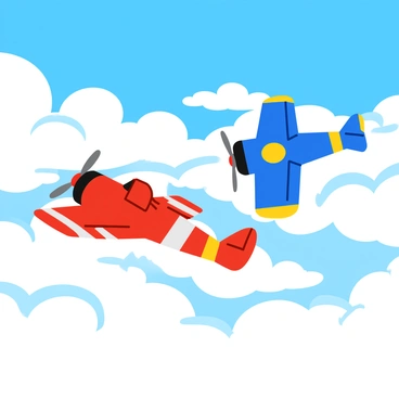 Two vintage fighter planes, one red with white stripes and the other blue with yellow accents, are engaged in a dramatic dogfight high above the clouds. The planes are shown banking sharply, with their propellers spinning vigorously. Fluffy white clouds billow around them, reflecting sunlight and creating a vivid backdrop. The blue sky above is bright, contrasting with the colorful aircraft as they maneuver for position. Smoke trails stream behind each plane, adding a sense of motion and excitement to the scene.