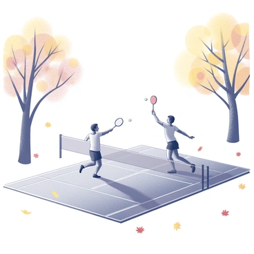 A badminton court set outdoors, surrounded by scattered autumn leaves. Two players are in action, one is executing a powerful serve while the other is poised to respond, with their racket raised. The players are wearing athletic gear, focusing intently on the shuttlecock as it soars through the air. Tall trees with branches adorned in various shades of yellow and brown frame the court, with a few fallen leaves creating a colorful carpet on the ground. The sky above is clear and bright, providing good visibility for the game.