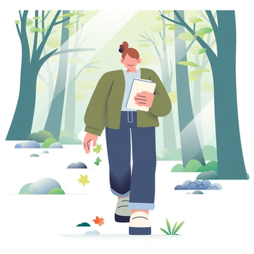 An artist with light brown hair tied in a loose bun is walking along a forest path. She is wearing a comfortable, olive green jacket and dark jeans. In her right hand, she holds a small, open sketchbook, while her left hand is reaching out to collect various leaves lying on the ground. The forest around her is filled with tall trees showcasing shades of green, and sunlight filters through the branches, creating soft patterns on the ground. Nearby, a variety of natural textures such as bark, moss, and stones are scattered, providing inspiration for her artwork.