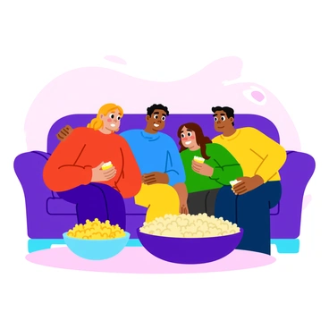 A group of four friends snuggled up together on a large, comfortable couch. Each friend is wearing oversized pullovers in various bright colors, such as red, blue, green, and yellow. They are sitting closely, with one friend resting their head on another's shoulder. A large bowl of popcorn sits on the coffee table in front of them, filled to the brim with fluffy, buttery popcorn. The friends are watching a movie, their attention focused on the screen, with one friend holding a handful of popcorn ready to eat. The room is cozy, with soft lighting that adds warmth to the scene.