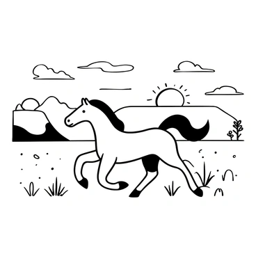 A powerful wild stallion with a muscular build is galloping across the open plains. The stallion's mane is flowing in the wind as it moves swiftly over the grass. The horizon is filled with a setting sun that casts long shadows across the landscape. Sparse tufts of grass and small rocks scatter across the ground, emphasizing the stallion's speed. The sky is filled with clouds that create a textured backdrop, enhancing the scene. The overall composition captures the energy and strength of the stallion in the expansive environment.