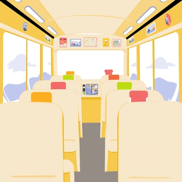 The interior of a tour bus featuring rows of cozy, cushioned seating upholstered in a warm, welcoming shade of beige. Each seat has a small, bright-colored travel pillow resting on it. The walls are adorned with various travel memorabilia, including framed postcards, maps, and colorful destination stickers. Soft overhead lights illuminate the space, creating a friendly atmosphere. A small table in the center holds a stack of brochures for various attractions. Large windows showcase glimpses of the outside landscape, enhancing the inviting travel ambiance.