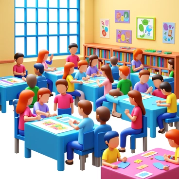 A library filled with people engaging in a variety of activities. There are tables set up for crafts, displaying colorful materials such as paper, scissors, and markers. In one corner, a group of children is focused on a free illustration activity, drawing with bright crayons on large sheets of paper. Nearby, adults and children are collaborating on craft projects, creating decorations and handmade items. The walls of the library are adorned with artwork created by community members, showcasing their creativity. Natural light filters in through large windows, illuminating the vibrant atmosphere of the event. Everyone at the event exhibits enthusiasm and joy while participating in the activities.