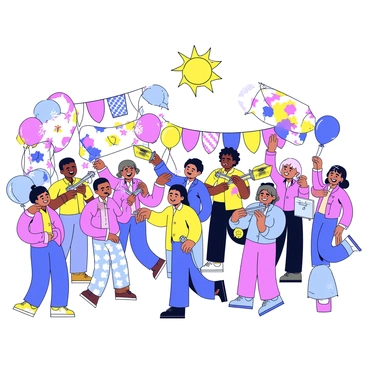 A town square filled with happy villagers celebrating. The villagers are wearing colorful clothing and are smiling as they gather together. They are holding vibrant banners that wave in the air, displaying various designs and patterns. In one corner, a group of musicians is playing instruments, contributing to the festive atmosphere. Decorations such as balloons and streamers are visible around the square, adding to the celebratory mood. The sun is shining brightly above, casting light on the joyful scene.