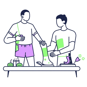 A sports coach is standing in a well-lit training area, demonstrating how to tape toes for injury prevention. The coach has a focused expression and is wearing athletic gear, including a fitted t-shirt and shorts. In one hand, the coach holds a roll of tape, while the other hand is gently wrapping the tape around a model foot positioned on a table in front of them. The model foot is visible, showcasing the toes that are being taped in a supportive manner. Nearby, there are additional sports medical supplies such as scissors and a small container for first aid items, neatly arranged on the table.