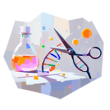 An illustration depicting the CRISPR-Cas9 system at work on a DNA strand. In the center, there is a double helix of DNA, visually represented with its characteristic twisted ladder structure. A pair of molecular scissors, symbolizing the Cas9 protein, is poised to make a precise cut in the DNA strand. Nearby, guide RNA is shown binding to the target site on the DNA, illustrating the process of gene editing. The background consists of a soft blur of laboratory elements, suggesting a scientific environment.