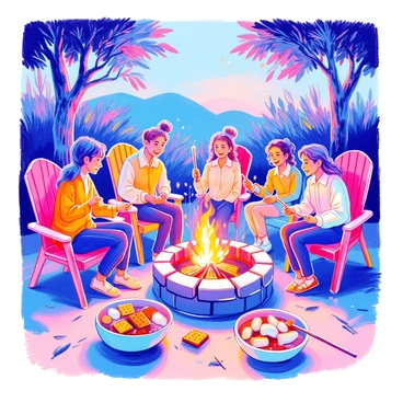 A group of friends is gathered around a fire pit, with flames flickering and casting a warm glow. Each friend is holding a stick with a marshmallow carefully positioned above the fire. They are sitting on colorful outdoor chairs, some laughing and others animatedly sharing stories. The background features trees with leaves rustling gently in the breeze. In the foreground, a bowl filled with additional marshmallows, graham crackers, and chocolate is placed on a small table. The scene is lively and filled with a sense of camaraderie.