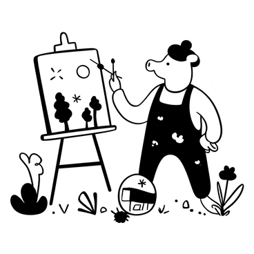 A pig standing on its hind legs, holding a paintbrush in one hoof, is focused on painting a landscape on a canvas set up on an easel. The canvas features trees, flowers, and a bright sun in the sky. The pig is wearing a beret and a smock covered in paint splatters. Around the pig, there are palettes with tubes of paint scattered on the ground, and various garden plants with distinct shapes. There is a butterfly fluttering by the pig as it paints.