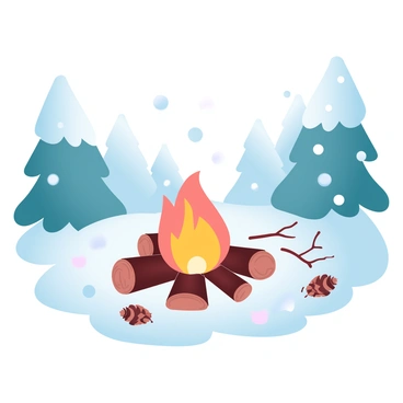 A cozy campfire is surrounded by logs arranged for seating in a snowy winter forest. The flames of the fire are flickering and casting a warm glow on the white snow. Tall evergreen trees covered in snow surround the campfire area, creating a peaceful atmosphere. A few pine cones and scattered twigs are visible on the ground near the fire, and soft snowfall can be seen gently falling from the sky, adding to the tranquil scene.