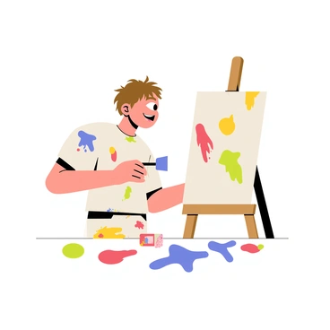 A young artist stands in front of an easel, focused intently on their canvas. The artist has short, tousled brown hair and is wearing a white shirt splattered with various paint colors. Around the easel, there are vibrant splashes of paint in hues of red, blue, yellow, and green, creating a lively atmosphere. The artist holds a paintbrush, dipped in bright blue paint, poised to add a new stroke to the artwork. The scene captures the energy and creativity of the painting process, filled with color and expression.