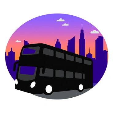 A black silhouette of a double-decker bus is positioned prominently in the foreground. The bus is detailed with rounded edges and windows that hint at its iconic shape. In the background, a dramatic city skyline features tall skyscrapers, each with distinct architectural designs, reaching into the dusk sky. The sky is a gradient of deep purple and orange hues, indicating the setting sun. Soft clouds scatter across the horizon, enhancing the evening atmosphere. The entire scene is framed to capture the juxtaposition of the bus against the vibrant city backdrop.
