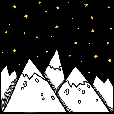 A landscape featuring towering mountains with jagged peaks, depicted in black ink. The mountains have intricate details showcasing rocky textures and shadows. Above the mountains, there is a starlit sky filled with an array of bright stars, twinkling against the dark background. The scene conveys a sense of grandeur and vastness, emphasizing the height of the mountains reaching towards the sky.