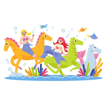 A vibrant underwater scene features several "mermaids racing on seahorses." Each mermaid has flowing hair in bright colors, adorned with shells and seaweed accessories. The seahorses are depicted in various shades, such as "orange, blue, and green," each with distinct patterns on their bodies. Surrounding them are colorful coral reefs and schools of fish darting in the background, adding to the lively atmosphere of the "underwater course." Bubbles rise from the seahorses as they speed through the water, displaying excitement and energy in the race.