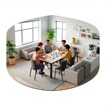 A spacious break room in a coworking space filled with natural light from large windows. The walls are painted in soft, calming colors. A group of five diverse individuals are seated around a rectangular table, engaged in a board game, with colorful game pieces spread out before them. One person, a woman with glasses and curly hair, is smiling as she moves her piece, while a man with short hair is laughing. In the corner of the room, there is a cozy lounge area with a couple of plush sofas and a coffee table stacked with magazines. A tall indoor plant adds a touch of greenery to the space. Nearby, a counter features a coffee machine, cups, and snacks, creating an inviting atmosphere for relaxation and socialization.