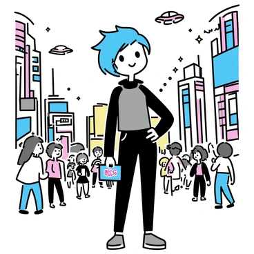 A futuristic anime character with vibrant blue hair styled in an edgy, asymmetrical cut. They wear a sleek, high-tech outfit in shades of black and silver, adorned with glowing neon accents. The character stands confidently, with one hand on their hip and the other holding a holographic device. In the background, a bustling cyberpunk cityscape features towering skyscrapers, illuminated by bright neon lights and digital billboards. Flying cars zip through the air, while a crowd of diverse, stylish citizens moves along the crowded streets below.