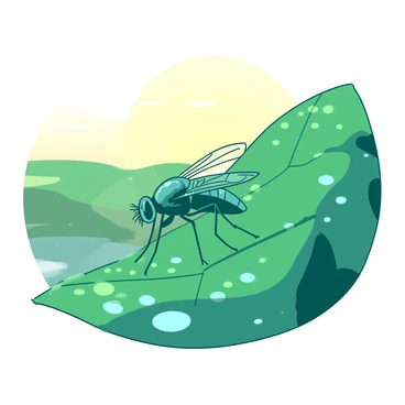 A teal fruit fly is perched delicately on a droplet-covered green leaf. The leaf is glistening with multiple droplets, reflecting a soft light. In the background, the first light of dawn is visible, casting a gentle brightness that enhances the scene, creating a tranquil atmosphere. The fly's wings are slightly open, and its tiny legs are gripping the edge of a droplet, highlighting its intricate details.