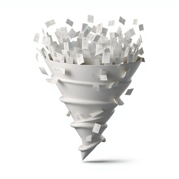 A swirling tornado composed of hundreds of flying invoices and paper fragments, each with varying sizes and shapes. The invoices are printed in different colors, featuring text in various fonts. The tornado has a dynamic, twisting shape, with the paper fragments caught in the powerful wind as they spiral upwards. Some of the invoices are partially torn, adding to the chaotic appearance of the scene. The background is a simple gradient that emphasizes the movement and energy of the tornado.