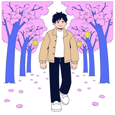 Ayanokoji is walking through a Sakura festival. He is wearing a casual outfit consisting of a lightweight jacket and dark jeans. Surrounding him are numerous cherry blossom trees in full bloom, their pink flowers creating a vibrant canopy overhead. Cherry blossoms are gently falling like snowflakes, drifting through the air. The ground is scattered with pink petals, creating a soft carpet beneath his feet. In the background, festival lanterns are hanging from the trees, adding a festive atmosphere.