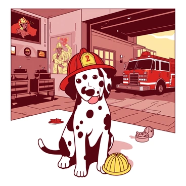 A black and white spotted dalmatian puppy is wearing a bright red firefighter hat, sitting playfully on the polished wooden floor of a cozy fire station. The walls of the fire station are adorned with vintage firefighting memorabilia, including old helmets and a large mural depicting a heroic firefighter. Nearby, a shiny fire truck is parked, partially visible through a large open garage door, casting a warm glow inside. The puppy has its tongue out, looking excited, with a few scattered toys around it, adding to the cheerful atmosphere of the fire station.