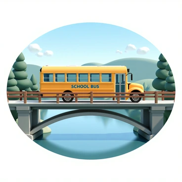 An electric school bus, painted bright yellow with the words "School Bus" displayed prominently on its side, is crossing a scenic bridge. The bridge is made of sturdy metal with wooden railings and arches gracefully over a gently flowing river below. The river reflects the clear blue sky and the surrounding lush green trees, creating a calming atmosphere. In the background, rolling hills are visible, adding depth to the landscape. The bus is in motion, with its wheels slightly elevated off the bridge surface, suggesting speed as it travels along the route. Sunlight filters through the trees, casting dappled shadows on the bridge.