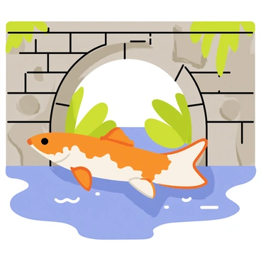 A colorful carp with orange and white markings is swimming gracefully under an ancient stone bridge. The bridge features large, weathered stones, some covered in vibrant green moss. Sunlight filters through the gaps in the bridge, creating dappled patterns on the water's surface. Small ripples are forming around the carp as it glides effortlessly beneath the arch of the bridge.