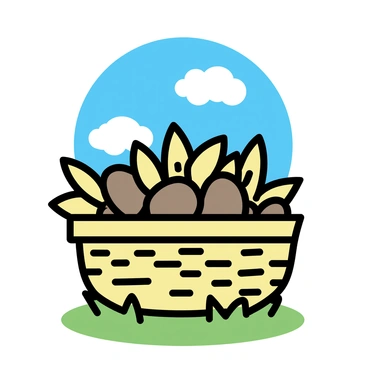 A wicker basket with a woven texture is placed on green grass. The basket is overflowing with freshly picked châtaignes, showcasing their glossy, dark brown shells scattered among the dried leaves. Above, there is a clear blue sky with a few sparse white clouds. The sunlight casts gentle shadows, enhancing the warm tones of the châtaignes inside the basket.