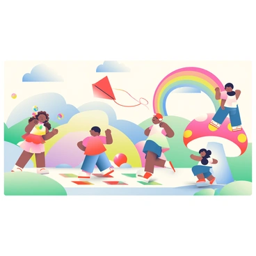 A large mural depicts a vibrant imaginary world filled with playful children engaging in various activities. On the left, a girl with curly brown hair is blowing bubbles, and the bubbles reflect a spectrum of colors. Next to her, a boy with short black hair is flying a bright red kite, the tail streaming behind him in the gentle breeze. In the center, a group of children is playing hopscotch on a large, colorful pattern drawn on the ground. To the right, another child is climbing a whimsical, oversized mushroom, with vivid spots of red and yellow. The background features fluffy clouds in shades of blue and pink, and a rainbow arches across the sky, adding to the cheerful atmosphere of this imaginative scene.